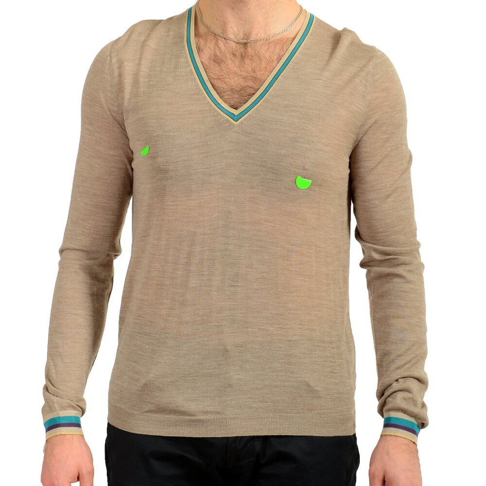 Men's Beige 100% Wool V-Neck Pullover Sweater US M IT 50